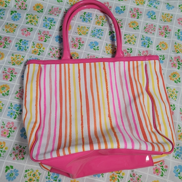Pink stripe Liz Claiborne canvas tote bag with wristlet - Picture 8 of 14